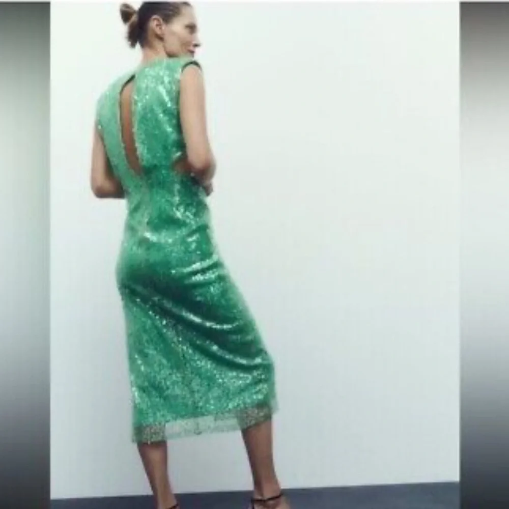 Zara NWT sea green sequin midi cut out dress 7990/908 - Picture 5 of 10